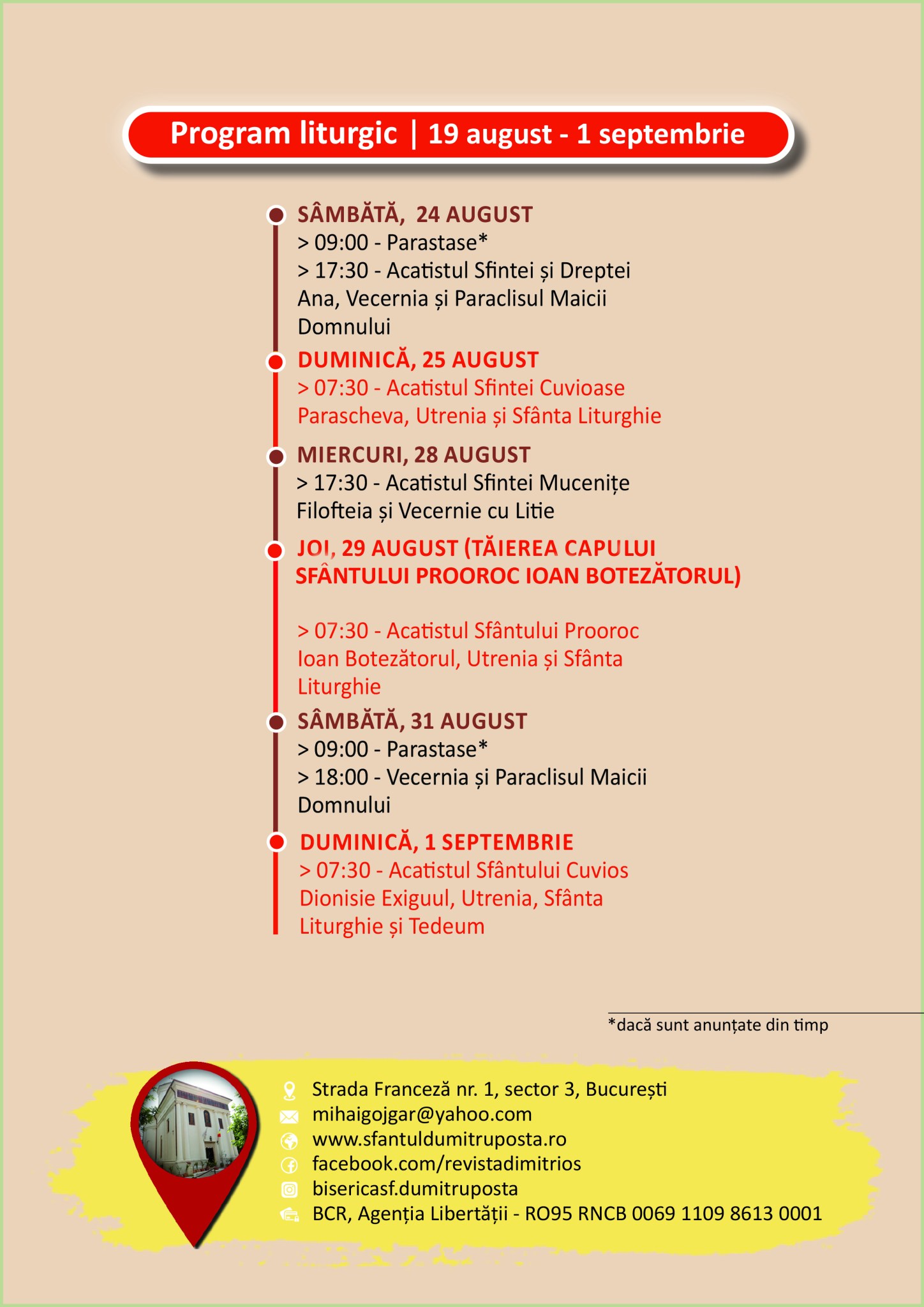 Program liturgic – 19 august-1 septembrie 2024 – Biserica Sfântul ...
