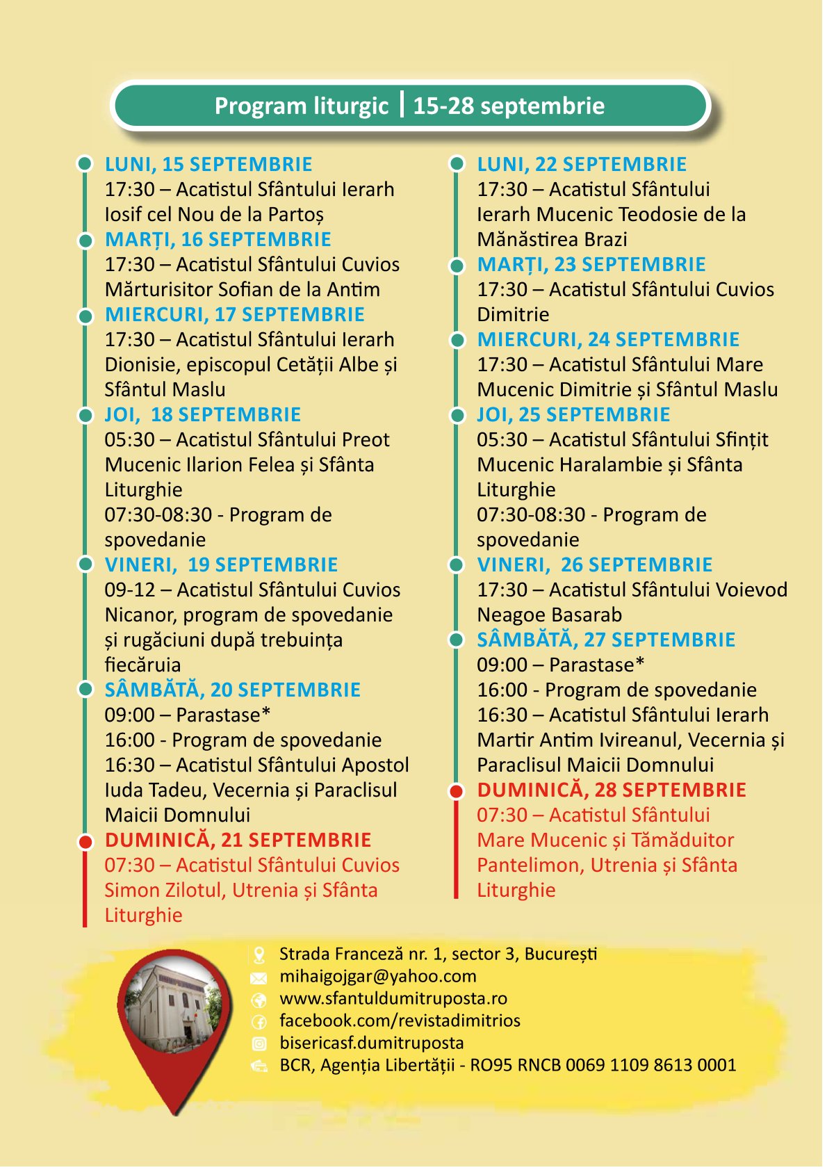 Program liturgic – 15-28 septembrie 2025 – Biserica Sfântul Dumitru-Poștă